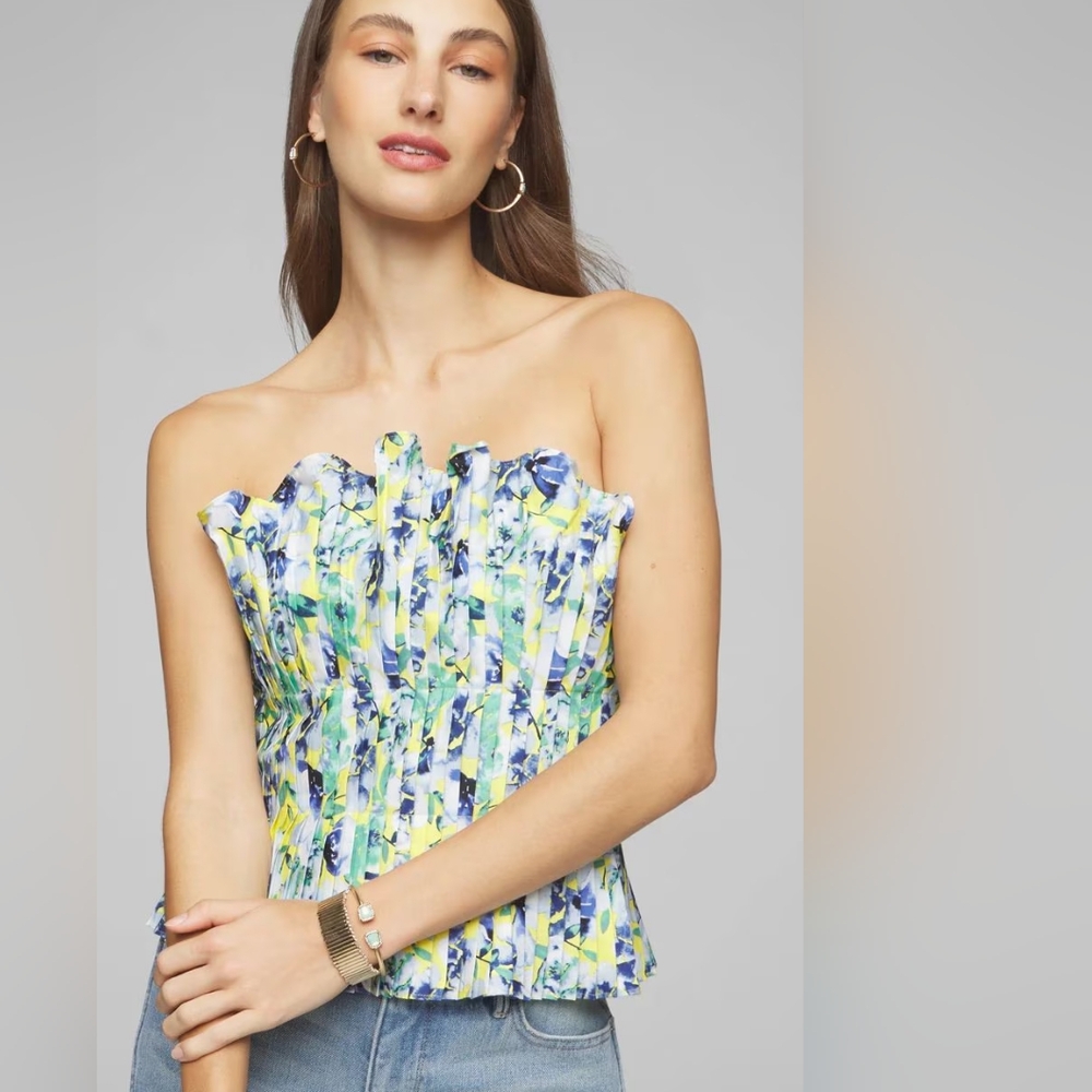 GUC White House Black Market Floral Pleated Women's Ruffle Bustier Top, 6